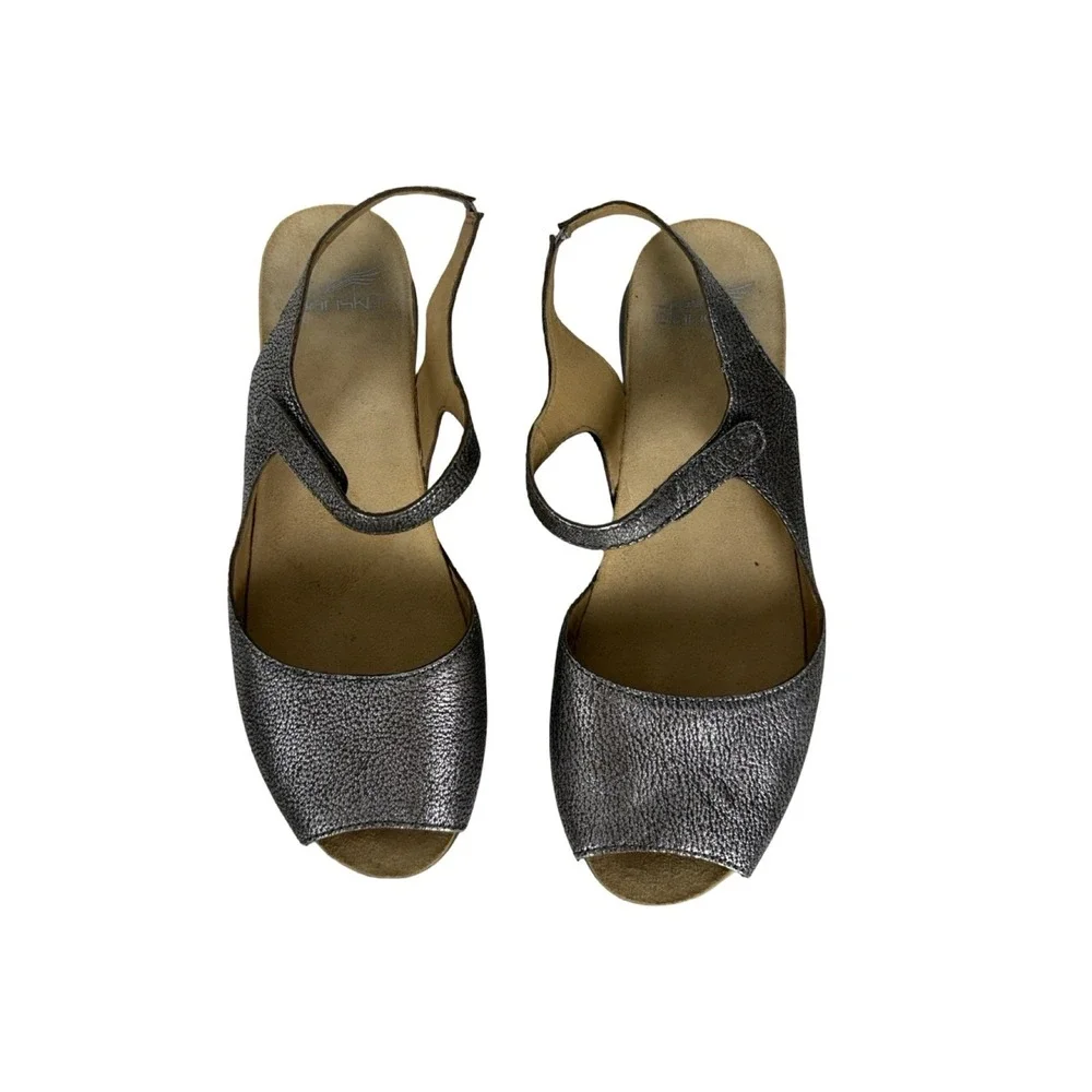 Dansko Women Size 39 US 9 Marcy Metallic Pewter Leather Slingback Sandals Silver